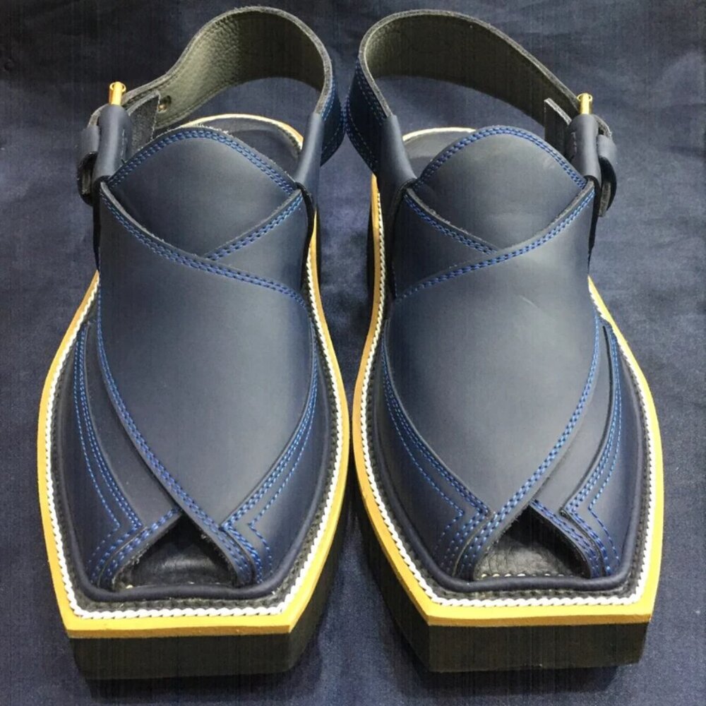 Blue Leather Peshawari Chappal Sandals: Handmade Traditional Footwear